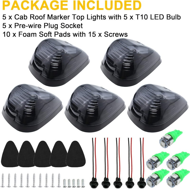 GLOFE 5X Black Smoke Lens Cab Roof Marker Running Lamps w/Green LED Lights Compatible with Ford F150 F250 F350 F450 F550 F650 F750 E150 E250 E350 E450 1999-2016 Super Duty Pickup Trucks - Image 2